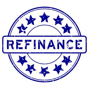 Grunge mavi kelime beyaz arka planda yıldız simgesi yuvarlak lastik mühür ile yeniden finanse