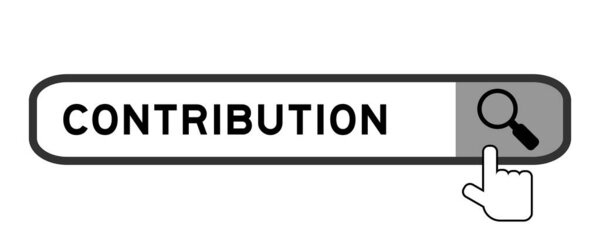 Search banner in word contribution with hand over magnifier icon on white background