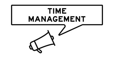 Megaphone icon with speech bubble in word time management on white background clipart