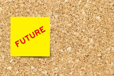 Yellow note paper with word future on cork board background with copy space clipart