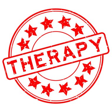 Beyaz arka planda yıldız simgesi yuvarlak lastik mühür damgalı Grunge kırmızı terapi kelimesi