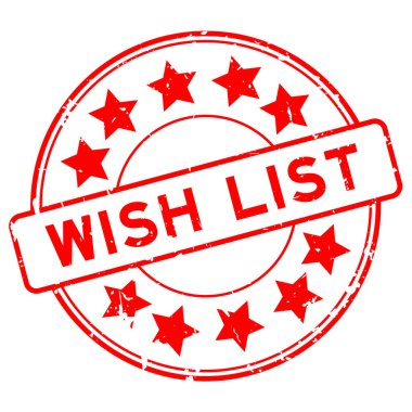 Grunge kırmızı dilek listesi kelimesi beyaz arkaplanda yıldız simgesi yuvarlak lastik mühür ile