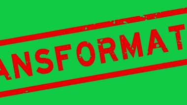 Grunge kırmızı dönüşüm kelime kare kauçuk mühür yeşil arkaplan üzerine yakınlaştır