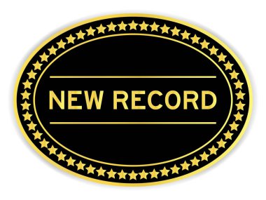 Black and gold color oval label sticker with word new record on white background clipart