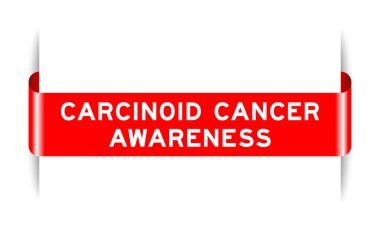 Beyaz zemin üzerinde kelime karsinoid kanseri farkındalığı olan kırmızı renk etiketli pankart