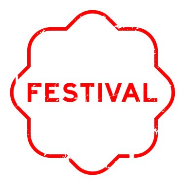 Grunge kırmızı festival kelimesi beyaz arka planda lastik mühür