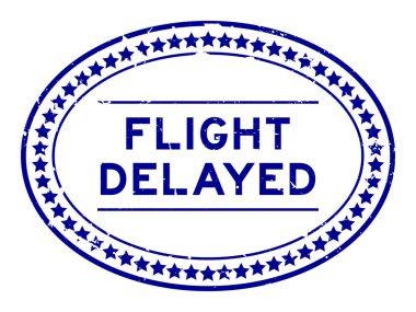 Grunge mavi uçuş gecikmeli kelime oval mühür beyaz arka planda