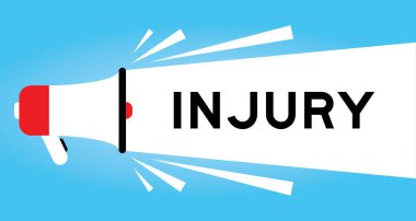 Mavi arkaplanda beyaz pankartta kelime yaralanması olan renk megafonu simgesi