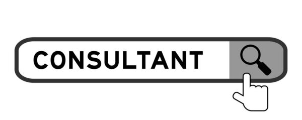 Search banner in word with hand over magnifier icon on white background