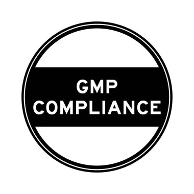 GMP (iyi üretim uygulamasının kısaltması) sözcüğündeki siyah renkli yuvarlak mühür etiketi beyaz arkaplanda uyumluluk