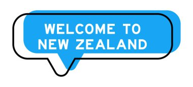 Konuşma pankartı ve mavi tonda beyaz arka planda Yeni Zelanda 'ya hoş geldiniz.