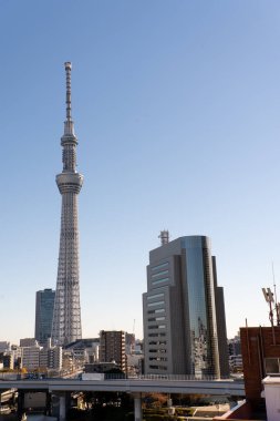 Tokyo, Japonya, 4 Aralık 2023 Tokyo gökyüzü ağacı, mavi gökyüzü arka planına sahip Japonya 'nın en yüksek kulesi.