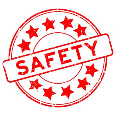 Beyaz arka planda yıldız simgesi yuvarlak lastik mühür damgalı Grunge kırmızı güvenlik kelimesi