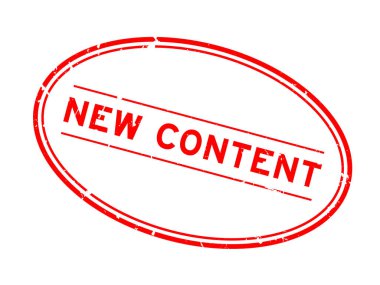 Grunge kırmızı yeni içerik sözcüğü oval lastik mühür beyaz arka planda