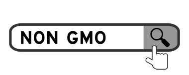 Beyaz arkaplanda büyüteç simgesi olan kelime Non GMO (Genetik olarak Değiştirilmiş Organizmalar) ile arama pankartı