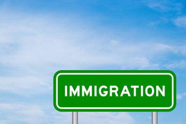 Green color transportation sign with word immigration on blue sky with white cloud background clipart