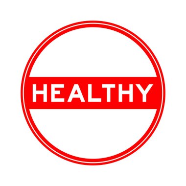 Kırmızı yuvarlak mühür etiketi beyaz arka planda sağlıklı sözcükte.