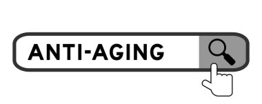 Beyaz arkaplanda büyüteç simgesi ile yaşlanma karşıtı sözcükte arama paneli