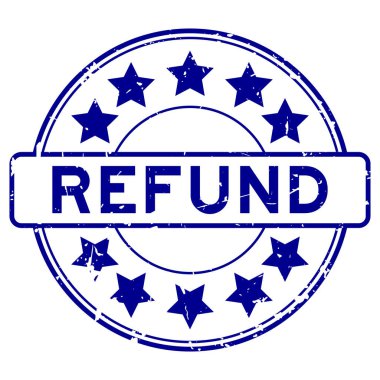 Beyaz arka planda yıldız simgesi yuvarlak lastik mühür damgalı Grunge mavi geri ödeme sözcüğü