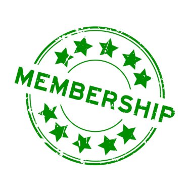 Beyaz arka planda yıldız simgesi yuvarlak lastik mühür damgalı Grunge yeşil üyelik kelimesi