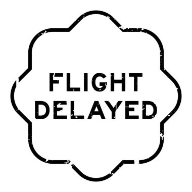 Grunge kara uçuşu gecikmeli kelime lastik mühür beyaz arka planda