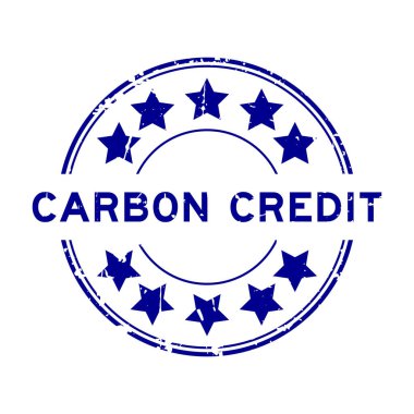 Beyaz arka planda yıldız simgesi yuvarlak lastik mühür damgalı Grunge mavi karbon kredi sözcüğü