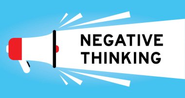 Mavi arkaplanda beyaz pankartta negatif düşünce sözcüğüyle renk megafonu simgesi