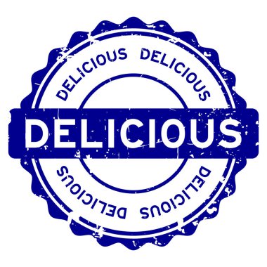 Grunge blue lezzetli kelime yuvarlak mühür beyaz arka planda