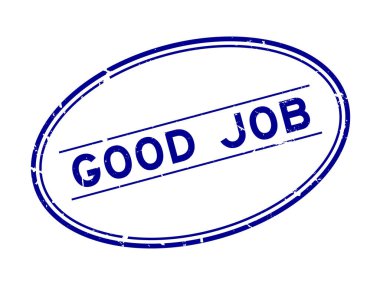 Grunge blue iyi iş sözcüğü oval lastik mühür beyaz arka planda