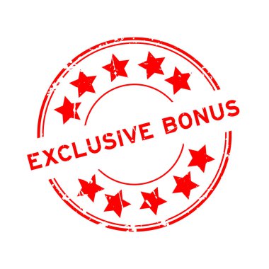 Grunge kırmızı exclusvie bonus kelime yıldız simgesi yuvarlak lastik mühür beyaz arka planda