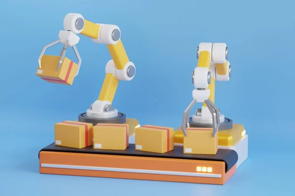 Illustration Factory Machine Conveyor Engineering Robot Arm Sorting Yellow Box — Stock Photo, Image
