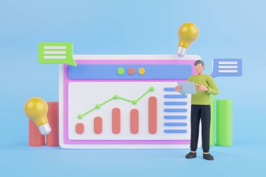 Çevrimiçi pazarlama, finansal rapor grafiği, veri analizi ve web geliştirme kavramı. Dijital Ekran 3D İllüstrasyon, Video oynatıcı, galeri, geliştirme, yüzen elementlerle seo analiz kavramı.