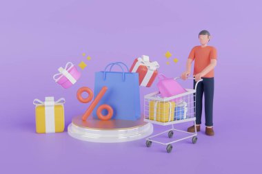 Çevrimiçi alışveriş 3D Illustration. Satılık internet mağazası. Mobil e-ticaret 3D geçmişi. Alım ve satım kavramı.