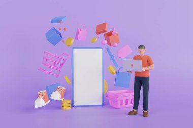 Mobil alışveriş konsepti 3 boyutlu illüstrasyon. İnternetten alışveriş. Web sitesi mobil uygulama 3d oluşturma üzerinde çevrimiçi mağaza