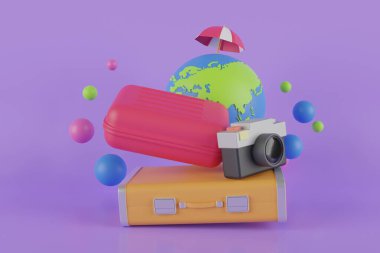 Yaratıcı uçak konseptiyle seyahat etmek. Gerçekçi 3D tasarım uçağı bavuldan havalanır. Uçak seyahati, uçak seyahati, dünya turu valizleri..