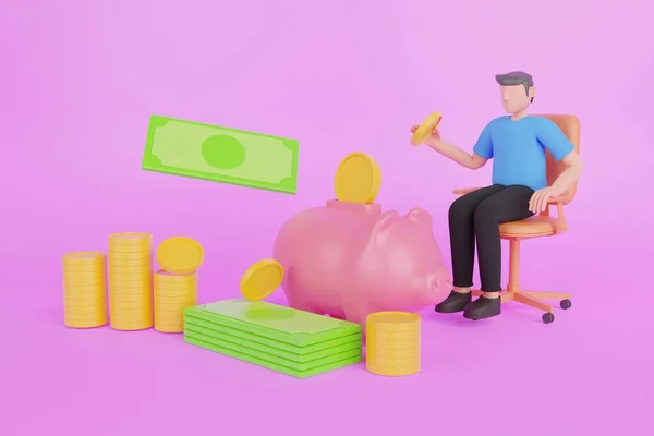 3d illustration of saving money into pig savings. 3D rendering concept of money saving icon, money management. deposit and profit. 3d render