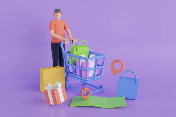 Онлайн шопинг 3D Illustration. интернет-магазин. Концепция цифрового маркетинга. Современный магазин. 3d-рендеринг.