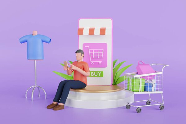 Смартфон окружен посылками, сумками и будильниками на синем фоне. 3D-иллюстрация.