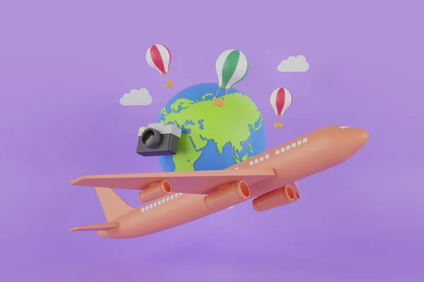 Vliegtuig Vliegt Wereldbol Icoon Rendering Wereldbol Reisconcept Illustratie Reizen Met — Stockfoto