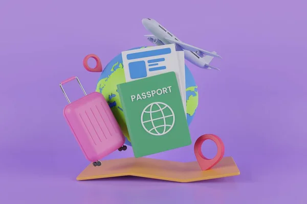 Weergave Wereldbol Pin Kaart Koffer Met Vlucht Reisconcept Illustratie Vliegtuig — Stockfoto