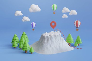 Dağlar mavi bir zemin üzerinde çam ağaçları ve bulutlarla çevrilidir. 3 boyutlu görüntüleme. Harita ve pusula içeren turistik sırt çantası