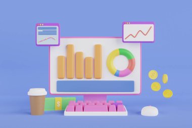 3 boyutlu grafikler ve işaretli grafikler, iş dünyasının finansal verilerini analiz etmek. Grafikler, analizler, iş dünyası finansal verileri, çevrimiçi pazarlama, ok, çek, banka, vergi dairesi binası, izole edilmiş 3D işleme paraları