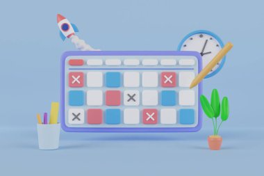 3D zaman yönetimi, kontrol listesi ve başarılı iş kavramı. İşleri tamamlamak, görevleri tamamlamak veya iş başarısı, kontrol listesinin tamamlanması, başarı veya proje ilerlemesi kavramı. 3d oluşturma