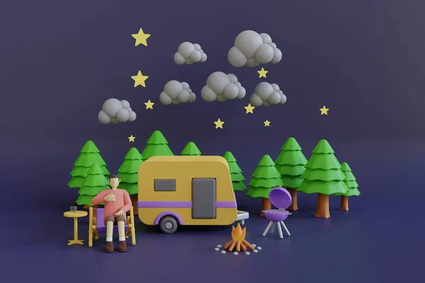 在被云彩和星空环绕的松林里的一个黄色的汽车家 旅行和露营的概念 — 图库照片