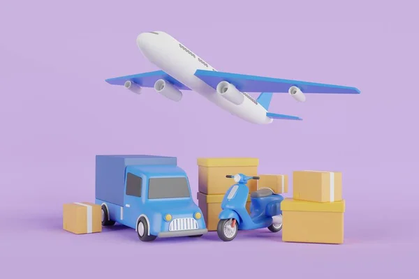Rendering Fast Delivery Service Truck Scooter Airplane Airplane Truck Cardboard — Stock Photo, Image
