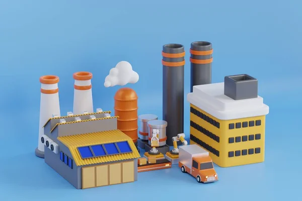 3D Illustration of Industrial Factory Building. representing factory buildings with industrial structures. representing factory building with chimneys, warehouses, transport trucks.