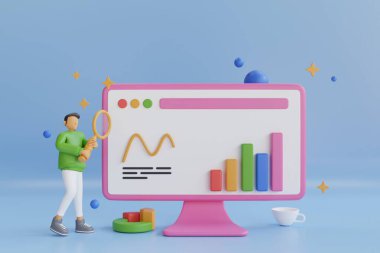 Çizelgeleri ve grafiği olan 3D bilgisayar, iş dünyasının finansal verilerini analiz ediyor. ; pazarlama stratejisi, analiz verileri ve yatırımlar, işletme finans raporları, izometrik bilgi elemanları pazar, konsept web sitesi SEO PC Screen. 3d oluşturma