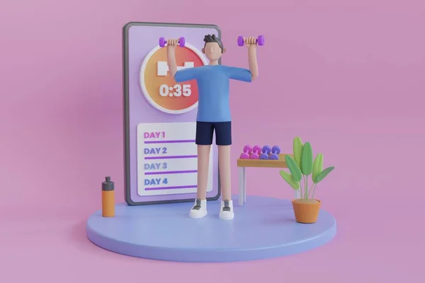 3D运动移动应用程序示例 健身房里的年轻人用智能手机和杠铃一起做体操 智能手机运动和体操应用的概念 3D渲染 — 图库照片