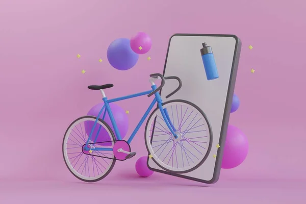 3D Cycling application concept. sport live online from a smartphone. Blue bike among colorful balls on a pink background. bike surrounded by smartphone , ball and bottle . 3d rendering