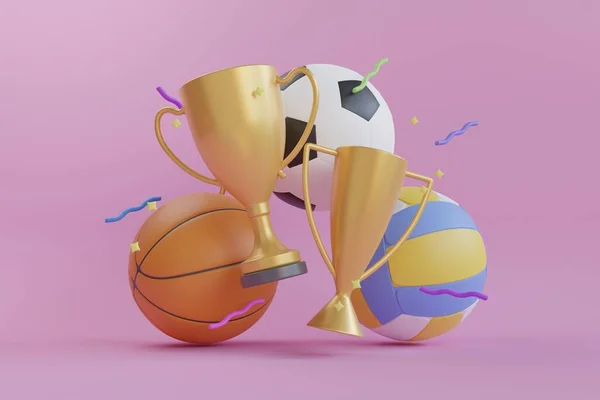 3D Champion different types of sport balls used in the sports of basketball, soccer, volleyball. sports ball concept design. banner trophy sports ball.3d rendering